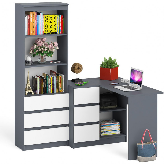 Мори Стол компьютерный МС-16 левый + Стеллаж МСТ600.3, цвет графит/белый, ШхГхВ 184,8х84,9х179,6 см., выдвижные ящики слева, НЕ универсальная сборка