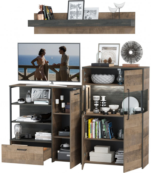 Трувор Гостиная 006, цвет дуб гранж песочный/интра, ШхГхВ 194,8х37х195 см., универсальная сборка