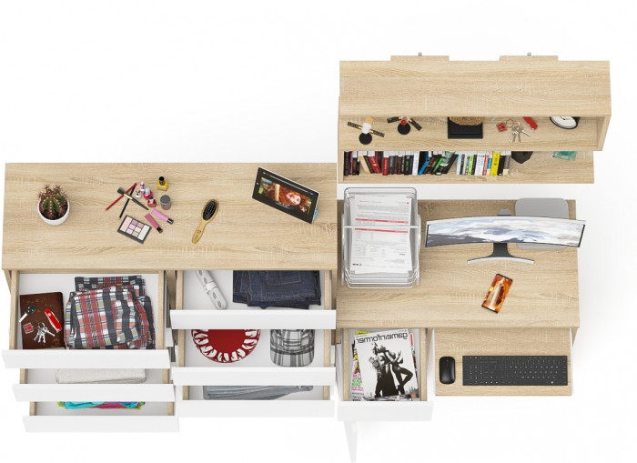 Мори Стол компьютерный МС-1 левый + Комод МК1200.10 + Полка 900, цвет дуб сонома/белый, ШхГхВ 210,4х50х209,6 см., НЕ универсальная сборка