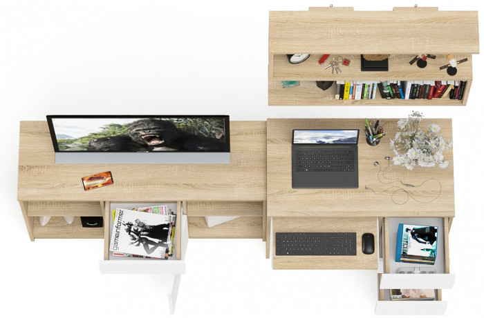 Мори Стол компьютерный МС-6 правый + Тумба МТВ1204.1 + Полка 900, цвет дуб сонома/белый, ШхГхВ 210,4х50х209,6 см., НЕ универсальная сборка