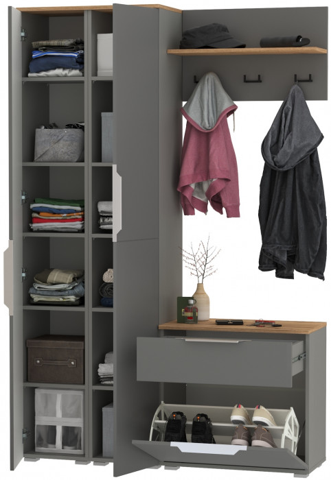 Октава Прихожая 18, цвет серый графит/дуб крафт золотой/фасады МДФ серый графит, ШхГхВ 129,3х35,4х197,6 см., универсальная сборка