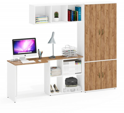 Лидер-8 Стол + Полка + Шкаф МД 20Б, цвет белый шагрень/крафт золото, ШхГхВ 245х50/37,5х75/190 или 115х160/50х75/190 см., НЕ универсальная сборка