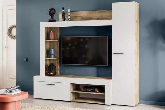 Стенка в гостиную Николь, Дуб крафт серый, Софт Айвори