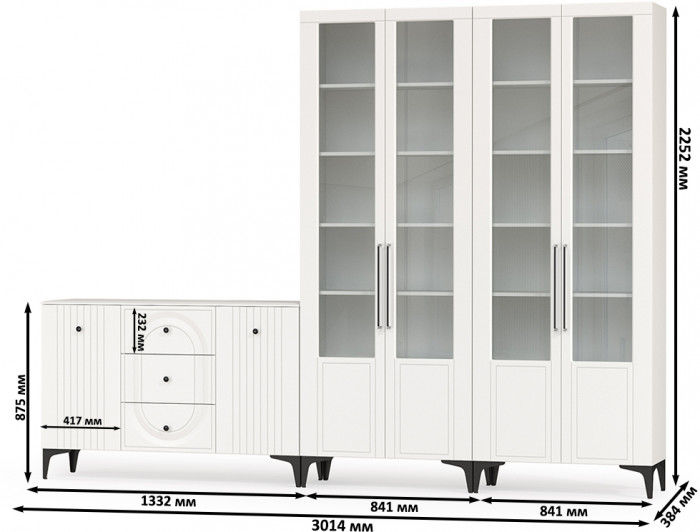 Валенсия Гостиная № 111, цвет ЛДСП белый шагрень/МДФ белый шагрень, ШхГхВ 301,4х38,4х225,2 см., универсальная сборка