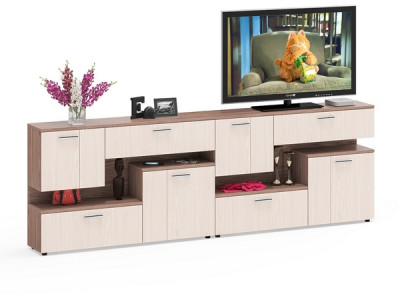 Две тумбы ТВ С-МД-С1-1400, цвет ясень шимо светлый/ясень шимо тёмный, ШхГхВ 280х30х93 см., НЕ универсальная сборка