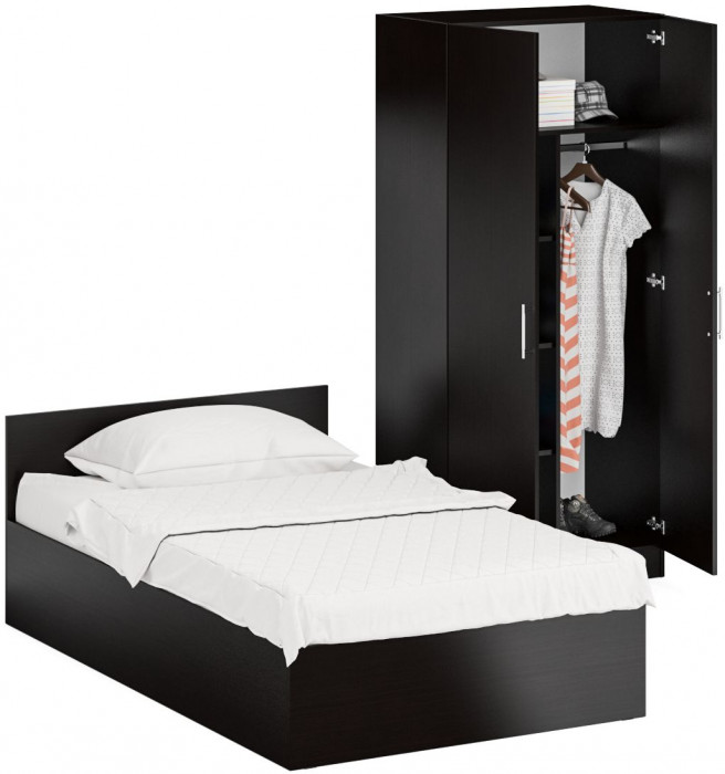 Кровать 1200 + Шкаф 2-х створчатый Стандарт, цвет венге, ШхГхВ 123,5х203,5х70 + 90х52х200 см., сп.м. 1200х2000 мм., без матраса, основание есть