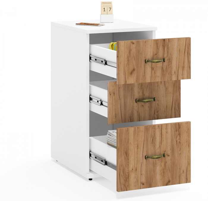 Лидер-8 Модуль Тумба МД 3.16, цвет белый шагрень/крафт золото, ШхГхВ 40х50х75 см., универсальная сборка (три выдвижных ящика)