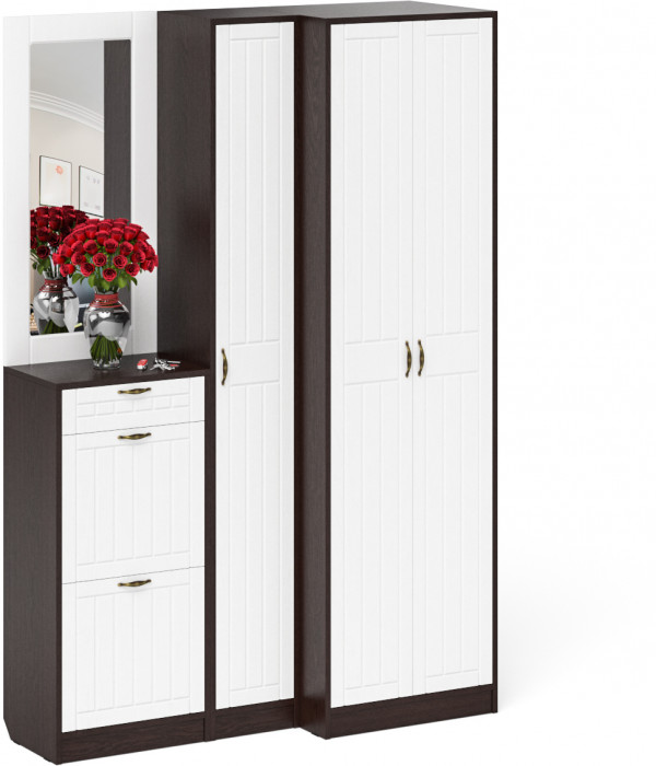 Прихожая П-6 Компоновка № 29, цвет венге/фасады МДФ белое дерево фрезеровка прованс, ШхГхВ 140х50х210 см., универсальная сборка