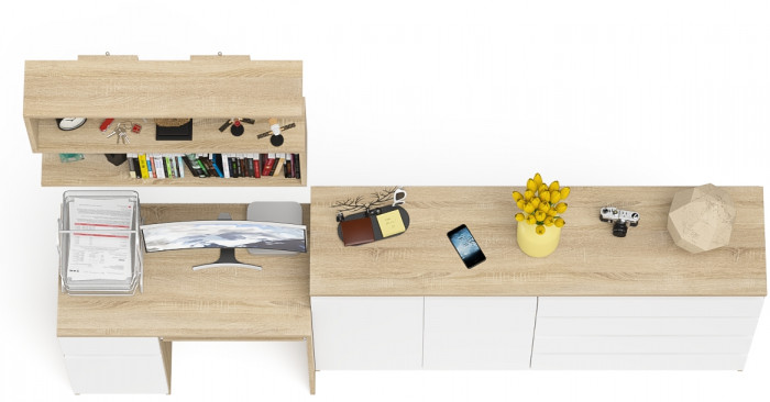 Мори компьютерный стол МС-1 левый + Комод МК1600.1 + Полка 900, дуб сонома/белый