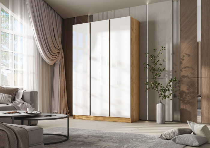 Келвин Шкаф 3-х створчатый 1500, Белый Глянец, Дуб Крафт