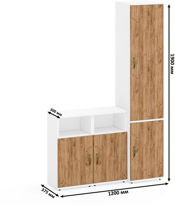 Лидер-8 Пенал МД 22Б + Тумба МД 3.19 + Тумба МД 3.19, цвет белый шагрень/крафт золото, ШхГхВ 120х37,5х190 см., универсальная сборка