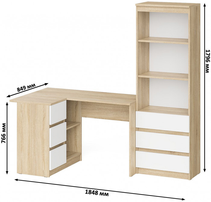 Мори Стол компьютерный МС-16 левый + Стеллаж МСТ600.3, цвет дуб сонома/белый, ШхГхВ 184,8х84,9х179,6 см., выдвижные ящики слев, НЕ универс. сборкаа