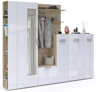 Лайн Прихожая № 11, цвет дуб крафт серый/фасады МДФ белый глянец, ШхГхВ 256,8х35,1х210 см., НЕ универсальная сборка