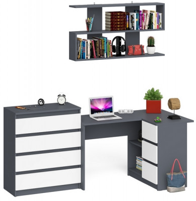 Мори компьютерный стол МС-16 правый + Комод МК800.4 + Полка 1200, графит/белый