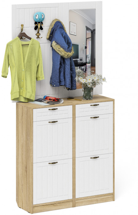 Прихожая П-6 Компоновка № 05, дуб сонома/фасады МДФ белое дерево фрезеровка прованс