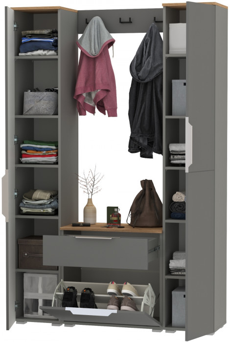 Октава Прихожая 19, цвет серый графит/дуб крафт золотой/фасады МДФ серый графит, ШхГхВ 129,3х35,4х197,6 см., универсальная сборка