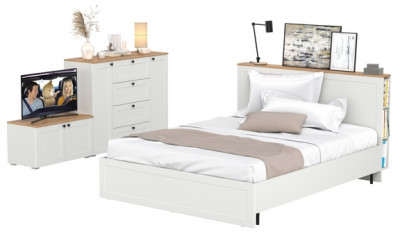 Остин 11.53 Кровать + ортопед + 16.221 Комод + 13.257 Тумба, белый шагрень/дуб крафт золотой