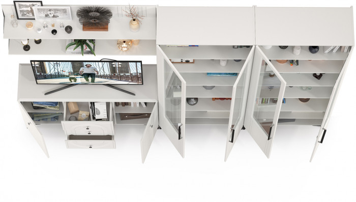 Валенсия Гостиная № 113, цвет ЛДСП белый шагрень/МДФ белый шагрень, ШхГхВ 301,4х38,4х225,2 см., универсальная сборка