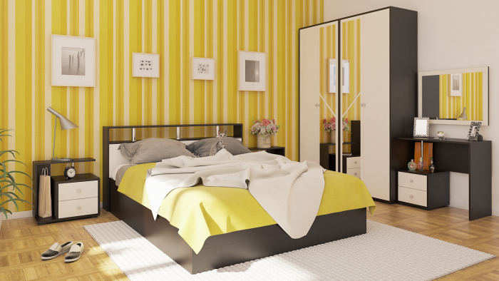 Камелия спальня № 2 Кровать 1600 + Две тумбы + Стол косметич. + Зеркало + Шкаф 4-х, цвет венге/дуб лоредо, сп.м. 1600х2000 мм., б/м, осн. есть