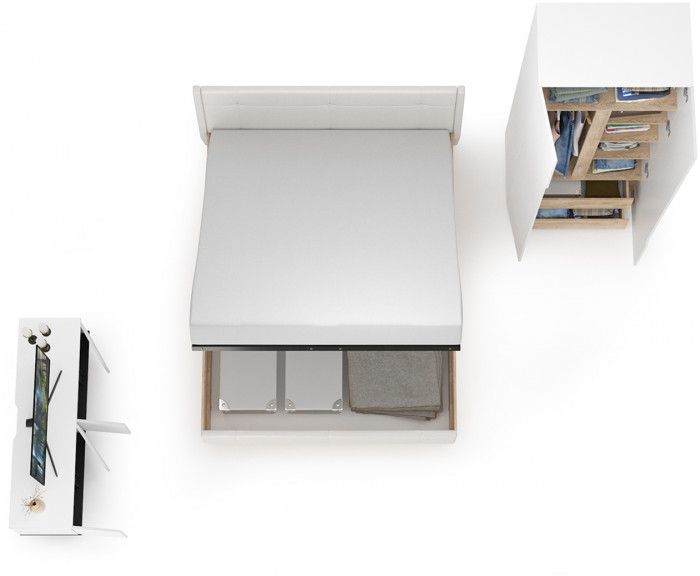 Муссон Спальня № 08, цвет белый/дуб эндгрейн элегантный/искусственная кожа белая, подъёмный ортопед, сп. м. 1600х2000 мм., б/м