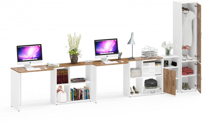 Лидер-8 Стол + Стол + Пенал МД 21Б + Тумба МД 3.19, цвет белый шагрень/крафт золото, ШхГхВ 410х50/37,5х75/190 или 230х160/50х75/190 см., НЕ ун. сб.