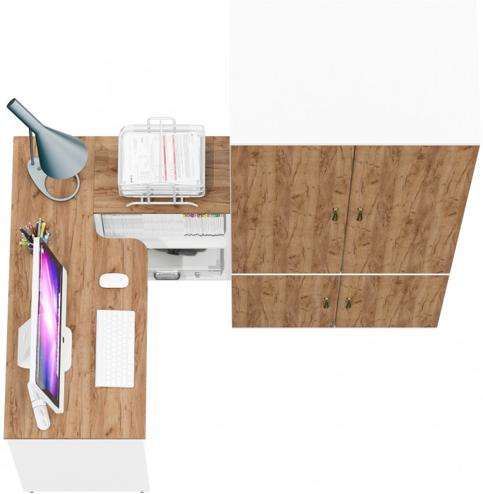 Лидер-8 Стол + Шкаф МД 19Б, цвет белый шагрень/крафт золото, ШхГхВ 245х50х75/190 или 115х160/50х75/190 см., НЕ универсальная сборка