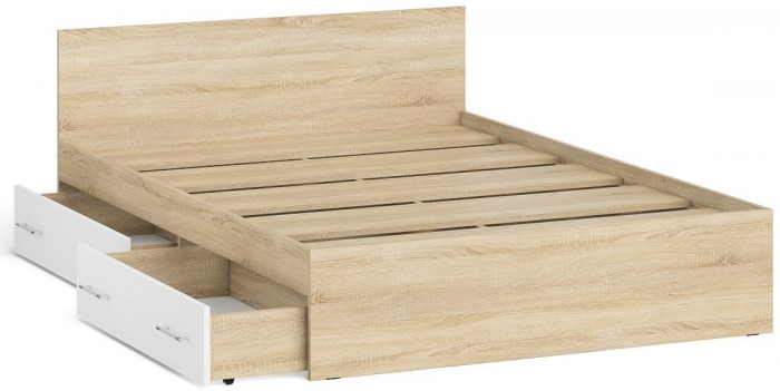 Мори Кровать с ящиками 1400, цвет дуб сонома/белый, ШхГхВ 143,5х203,5х70 см., сп.м. 1400х2000 мм., без матраса, основание есть