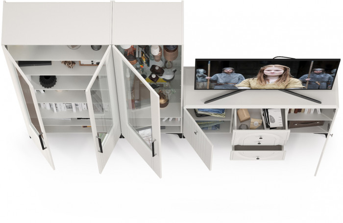 Валенсия Гостиная № 114, цвет ЛДСП белый шагрень/МДФ белый шагрень, ШхГхВ 272,3х38,4х225,2 см., универсальная сборка