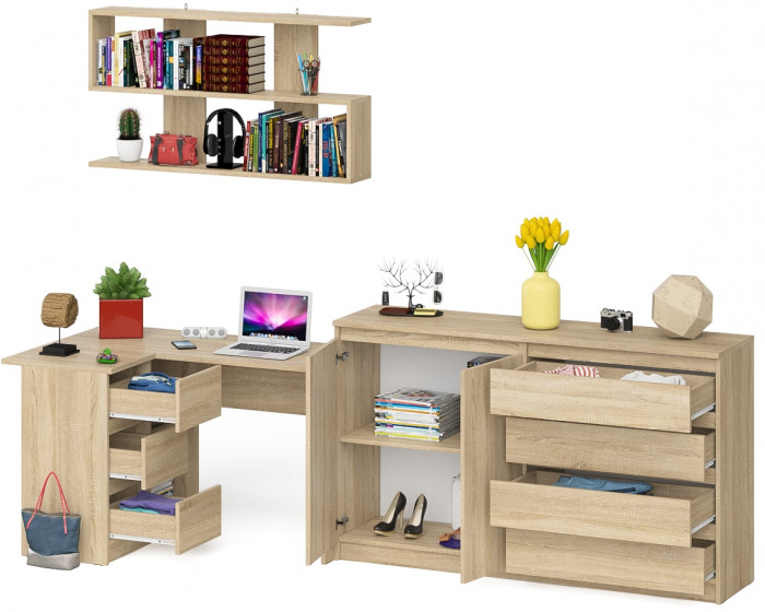 Мори компьютерный стол МС-16 левый + Комод МК1600.1 + Полка 1200, дуб сонома