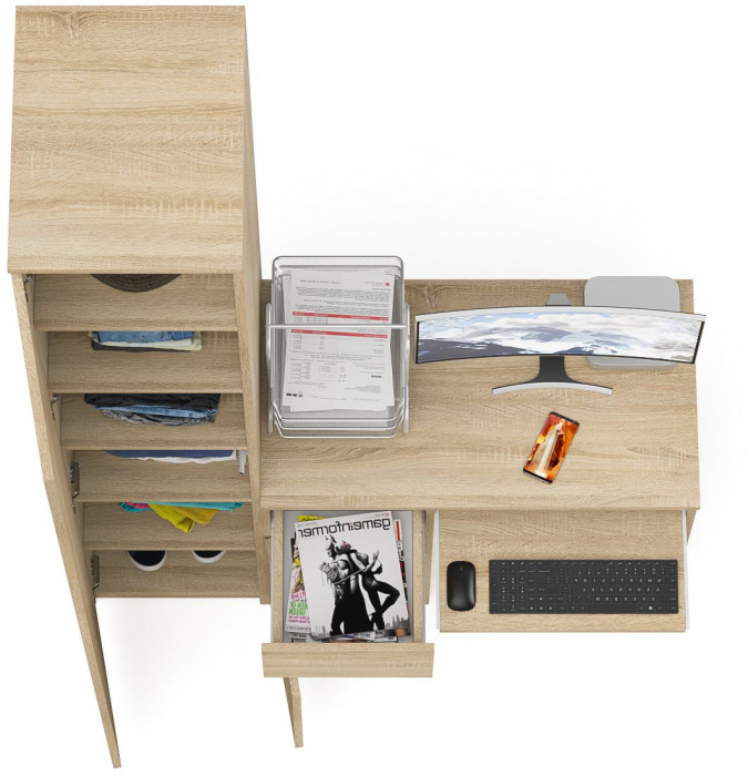 Мори Стол компьютерный МС-1 левый + Пенал МШ400.1, цвет дуб сонома, ШхГхВ 130,4х50,4х209,6 см., выдвижной ящик слева, НЕ универсальная сборка