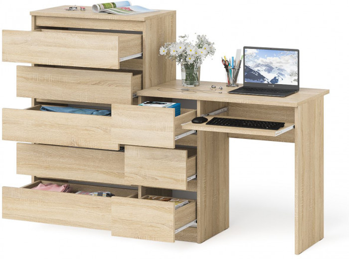 Мори Стол компьютерный МС-6 левый + Комод МК700.5, цвет дуб сонома, ШхГхВ 160,4х50х114 см., выдвижные ящики слева, НЕ универсальная сборка