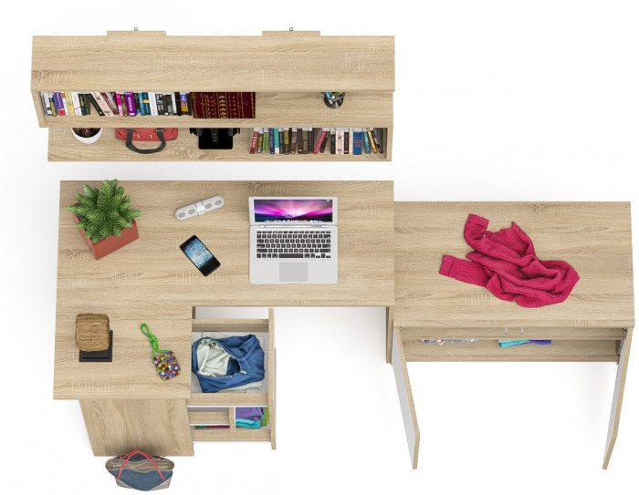 Мори Стол компьютерный МС-16 левый + Тумба МА900.1 + Полка 1200, цвет дуб сонома/белый, ШхГхВ 214,8х84,9х209,6 см., НЕ универсальная сборка