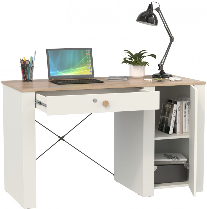 Джастин 12.154 Стол письменный, цвет белый шагрень/дуб белый эксклюзив, ШхГхВ 126,2х54,8х75,3 см., универсальная сборка