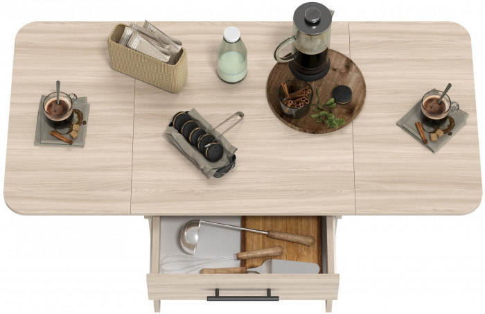 Стол обеденный раскладной с ящиком 6-02.120ТМяс.св, цвет ясень шимо светлый, ШхГхВ 120х57х75 см., 60х57х75 см. сложенный