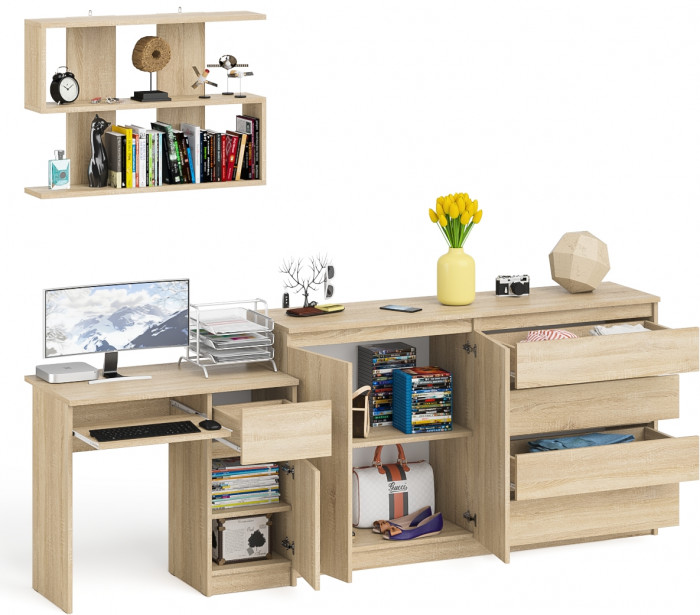 Мори компьютерный стол МС-1 правый + Комод МК1600.1 + Полка 900, дуб сонома