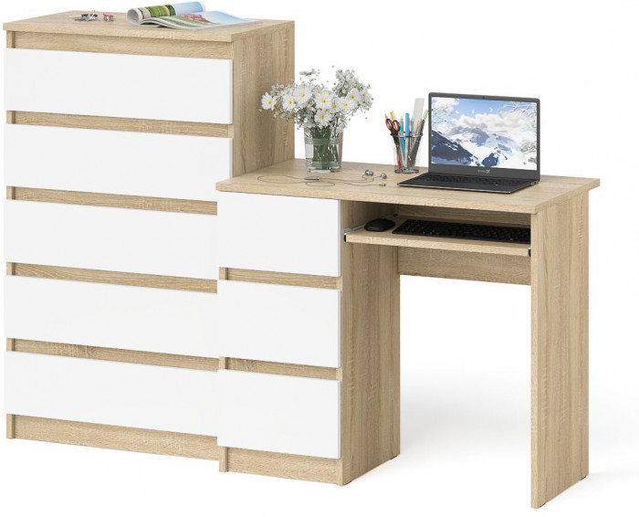 Мори Стол компьютерный МС-6 левый + Комод МК700.5, цвет дуб сонома/белый, ШхГхВ 160,4х50х114 см., выдвижные ящики слева, НЕ универсальная сборка