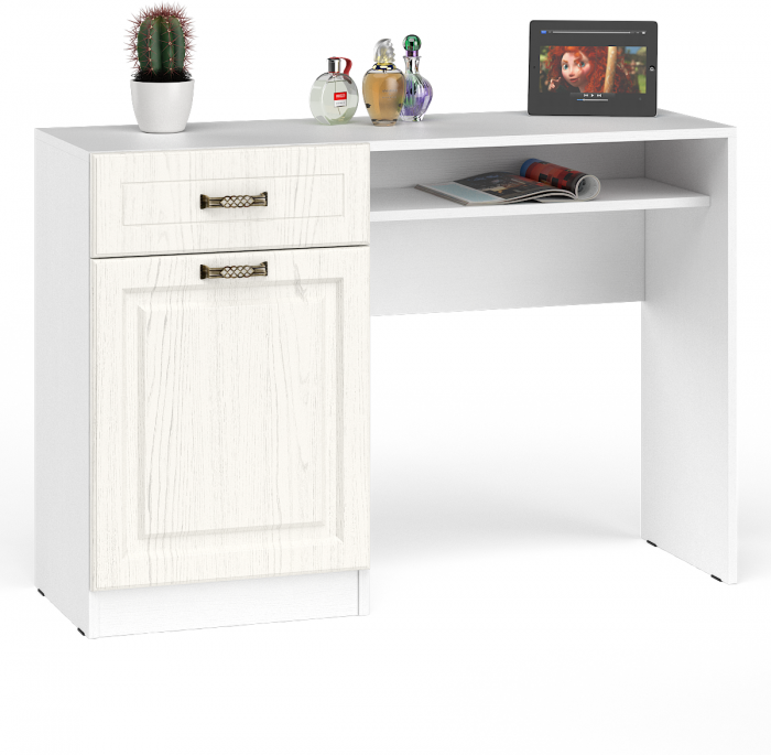 Ливерпуль Стол туалетный 12.46 + Полка 10.118 + Полка 10.117 + Пуф 14.02, ясень ваниль/белый