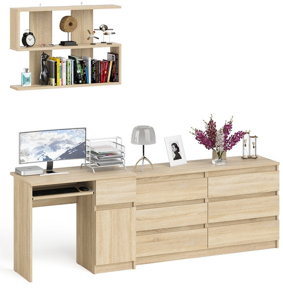 Мори компьютерный стол МС-1 правый + Комод МК1380.6 + Полка 900, дуб сонома