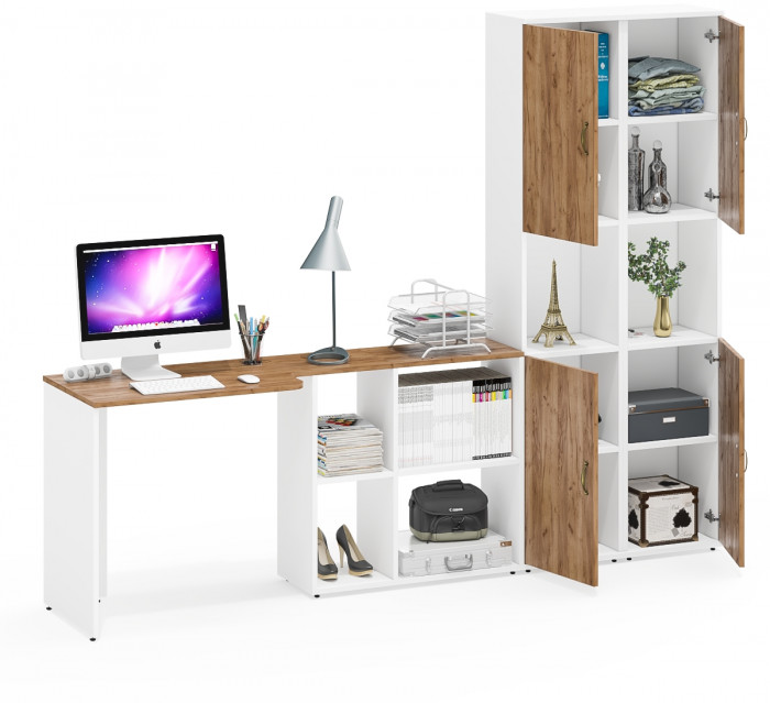 Лидер-8 Стол + Пенал + Пенал, цвет белый шагрень/крафт золото, ШхГхВ 245х50/30х75/190 см. или 115х50/160х75/190 см., НЕ универсальная сборка