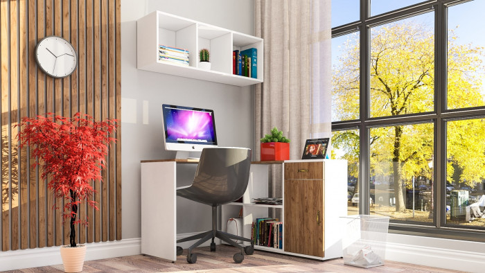 Лидер-8 Стол + Полка + Тумба МД 3.15, белый шагрень/крафт золото