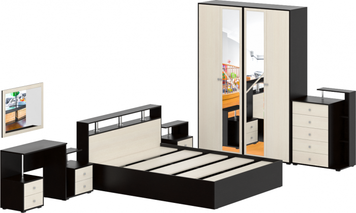 Камелия спальня № 3 Кровать 1600 + Две тумбы + Стол косметич. + Зеркало + Комод + Шкаф 4-х, цвет венге/дуб лоредо, сп.м. 1600х2000 мм., б/м, осн. есть