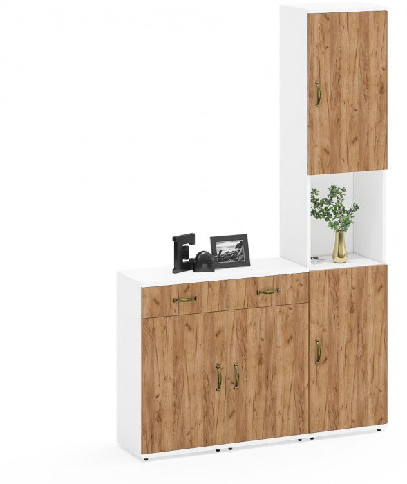 Лидер-8 Пенал + Тумба МД 3.15 + Тумба МД 3.15, цвет белый шагрень/крафт золото, ШхГхВ 120х30х190 см., универсальная сборка