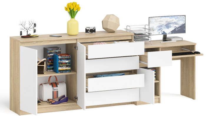 Мори компьютерный стол МС-1 левый + Комод МК1600.1, дуб сонома/белый