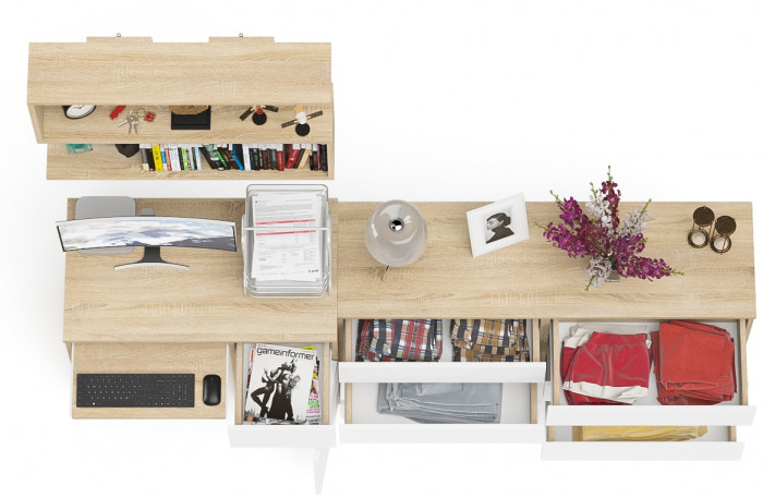 Мори компьютерный стол МС-1 правый + Комод МК1380.6 + Полка 900, дуб сонома/белый