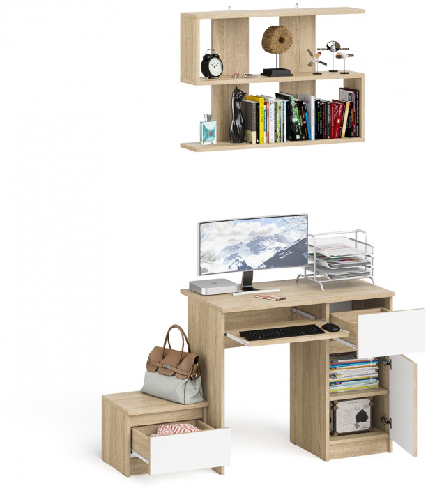 Мори компьютерный стол МС-1 правый + Тумба ТМП400.1 + Полка 900, дуб сонома/белый