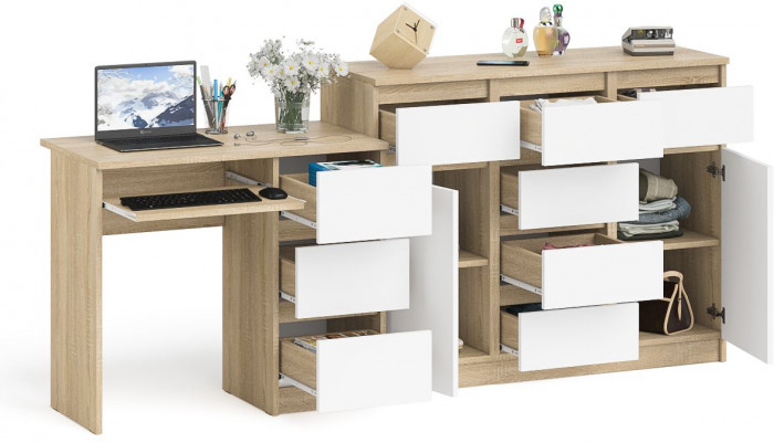 Мори компьютерный стол МС-6 правый + Комод МК1200.4, дуб сонома/белый