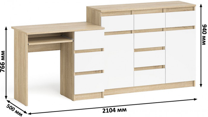 Мори компьютерный стол МС-6 правый + Комод МК1200.4, дуб сонома/белый