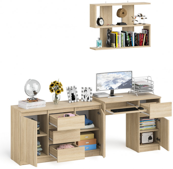 Мори Стол компьютерный МС-1 правый + Комод МК1200.3 + Полка 900, цвет дуб сонома, ШхГхВ 210,4х50х209,6 см., НЕ универсальная сборка