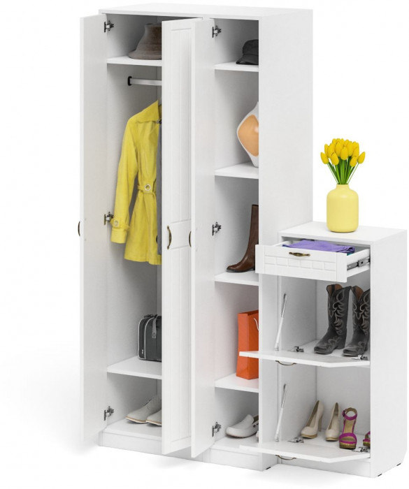 Прихожая П-6 Компоновка № 48, цвет белая шагрень/фасады МДФ белое дерево фрезеровка прованс, ШхГхВ 140х50х210 см., универсальная сборка