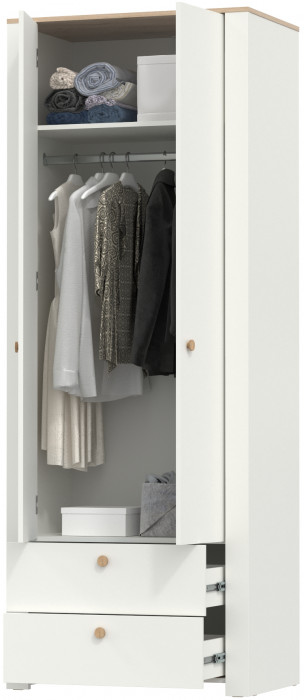 Джастин 13.339 Шкаф для одежды с ящиками, цвет белый шагрень/дуб белый эксклюзив, ШхГхВ 86х54,8х225,8 см.